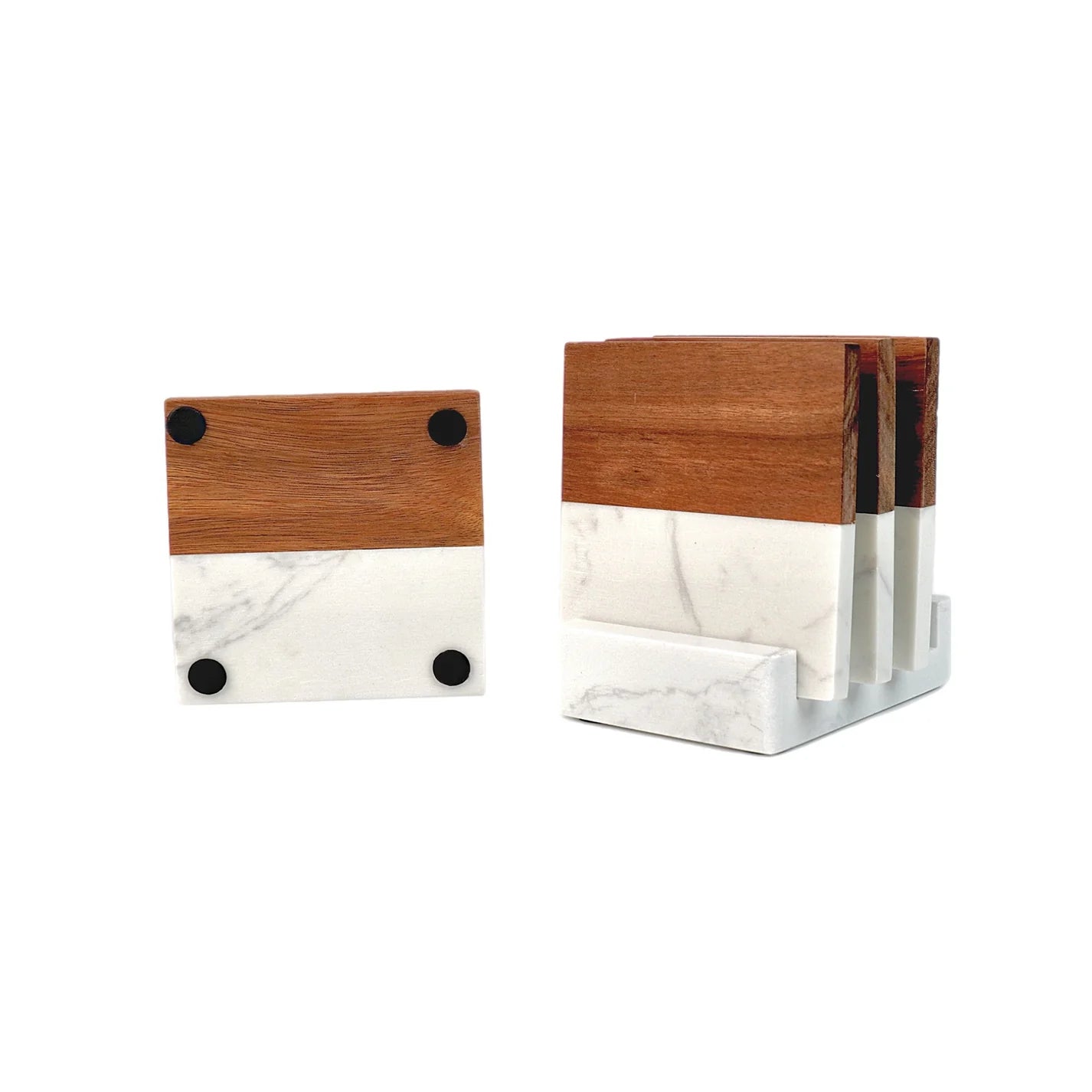 marble and acacia wood custom coasters with matching holder