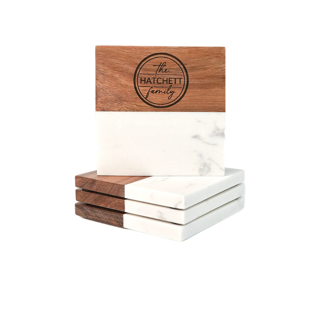 custom coasters engraved with family monogram and display stand