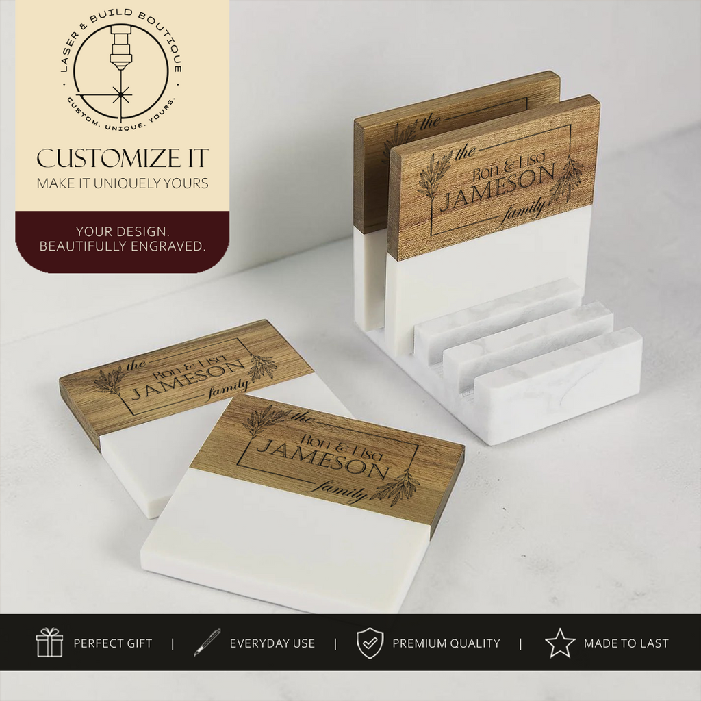 Custom Coasters | Personalized Marble & Acacia Wood Coaster Set