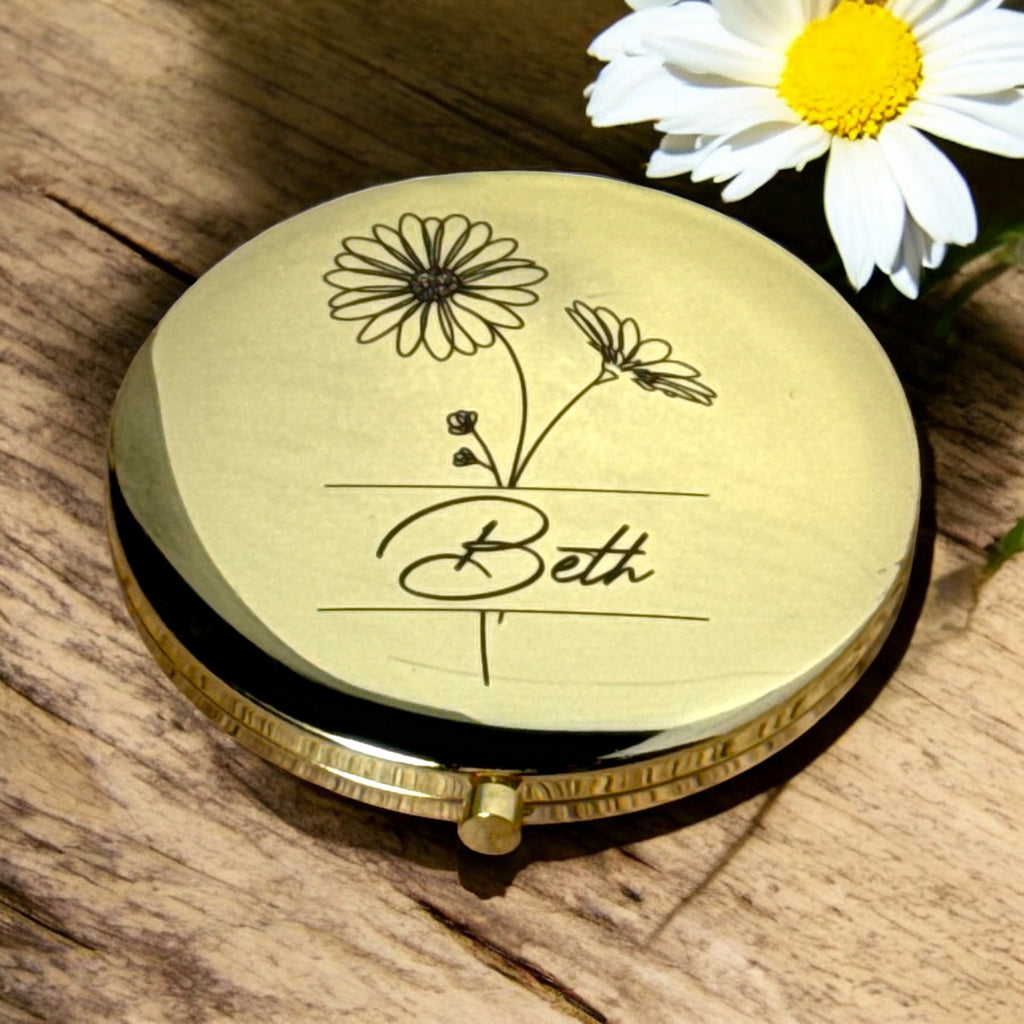 Engraved Birth Month Flower Compact Mirror