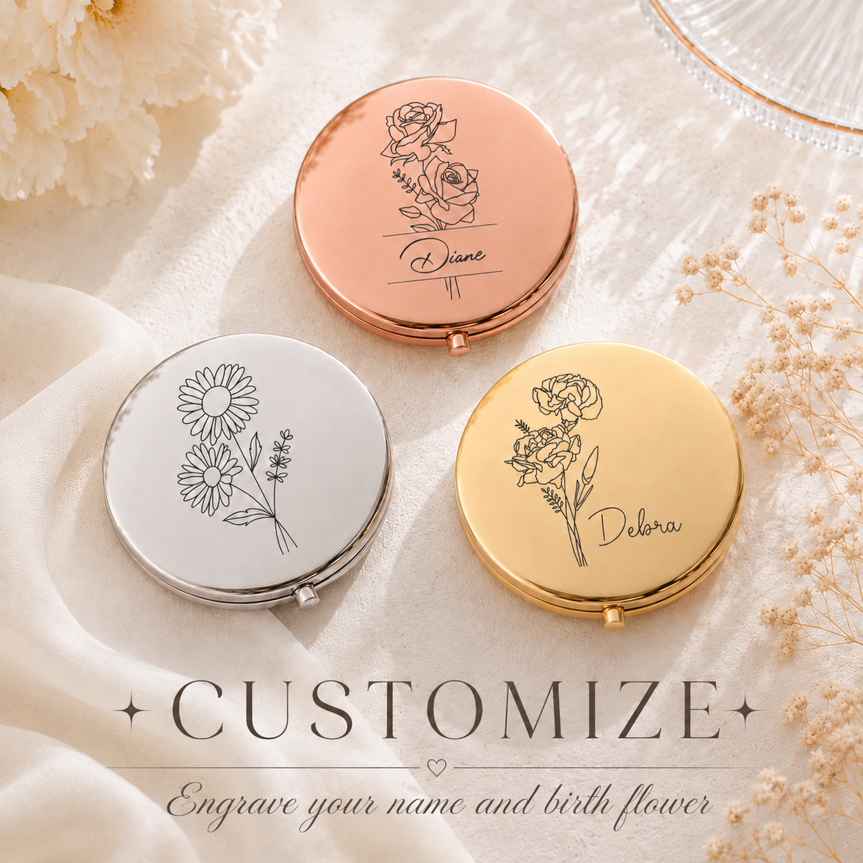 Engraved Birth Month Flower Compact Mirror