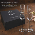 Personalized wedding champagne flutes with engraved gift box