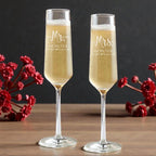Engraved crystal wedding champagne flutes with custom design