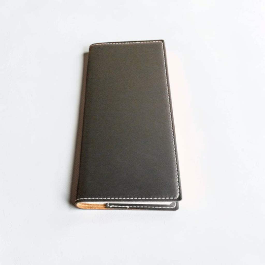 Black leatherette tally book cover with silver engraving