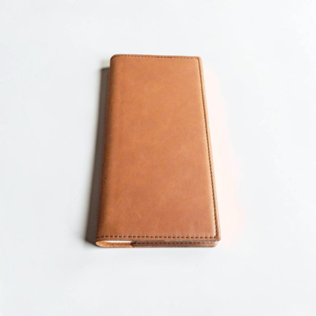Walnut leatherette tally book cover with black laser engraving
