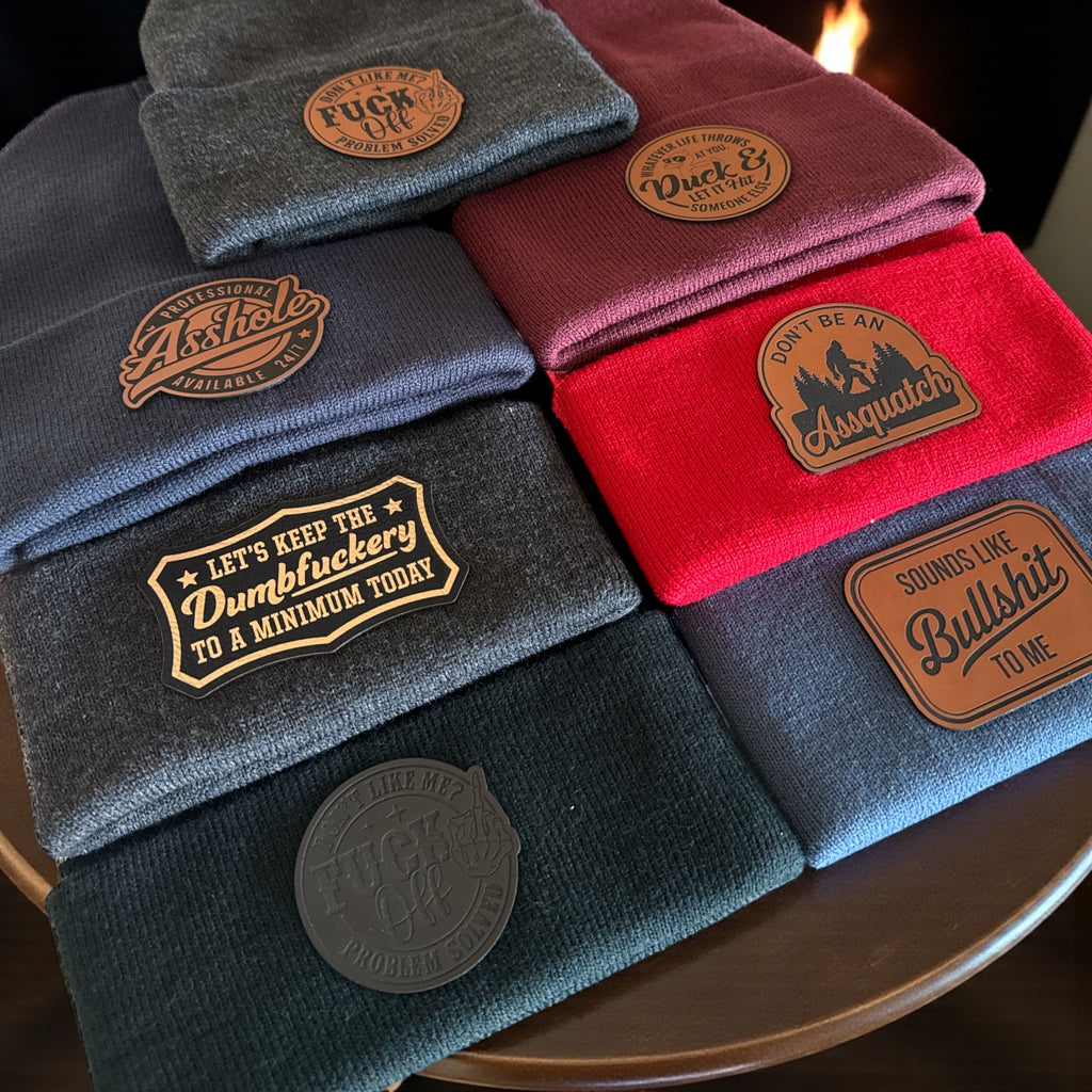 Beanies with Snarky Engraved Leatherette Patch