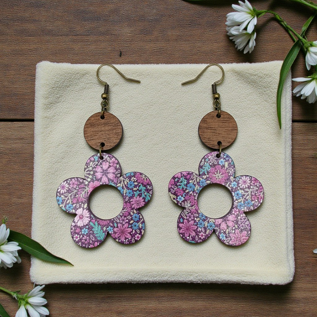 Custom engraved Floral Daisy Acrylic Earrings with Wood Accent by Laser & Build Boutique