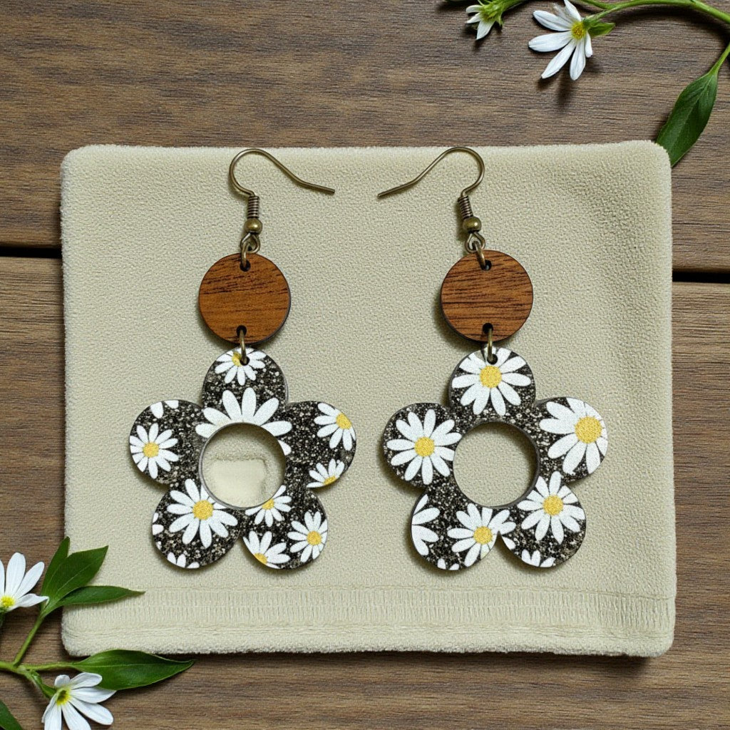 Custom engraved Floral Daisy Acrylic Earrings with Wood Accent by Laser & Build Boutique