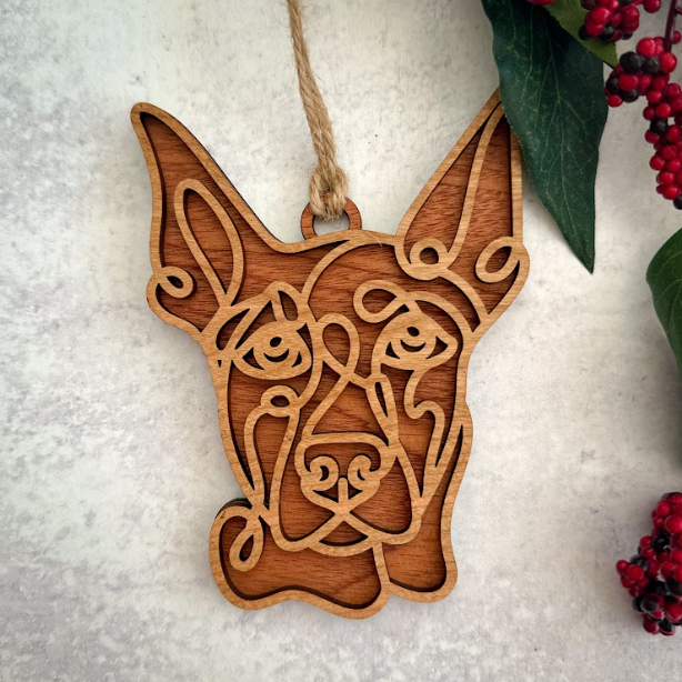 Custom Wood Line Art Dog Ornament – 96 Breeds with Optional Name Bone