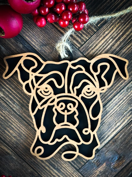 Custom Wood Line Art Dog Ornament – 96 Breeds with Optional Name Bone