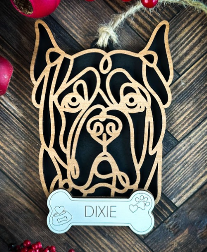 Custom Wood Line Art Dog Ornament – 96 Breeds with Optional Name Bone