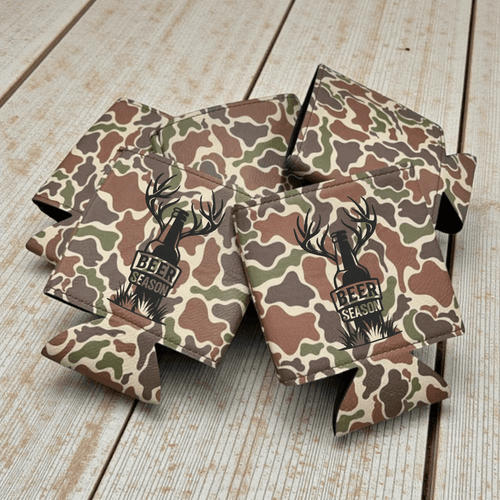 Custom Engraved Leatherette Can Duster featuring a camouflage design, ideal for personalized drink holders.