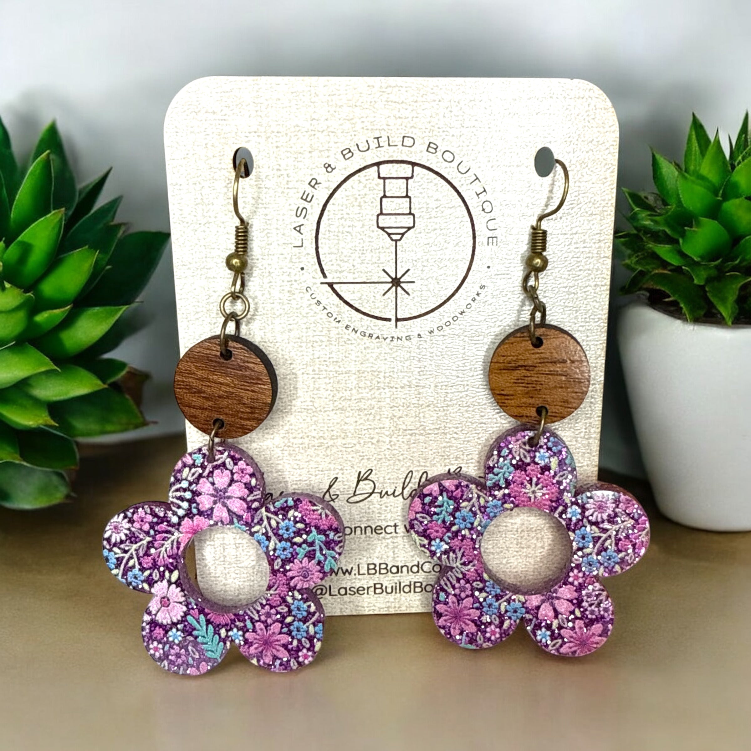 Daisy Statement Earrings | Floral Glitter Acrylic with Wooden Detail