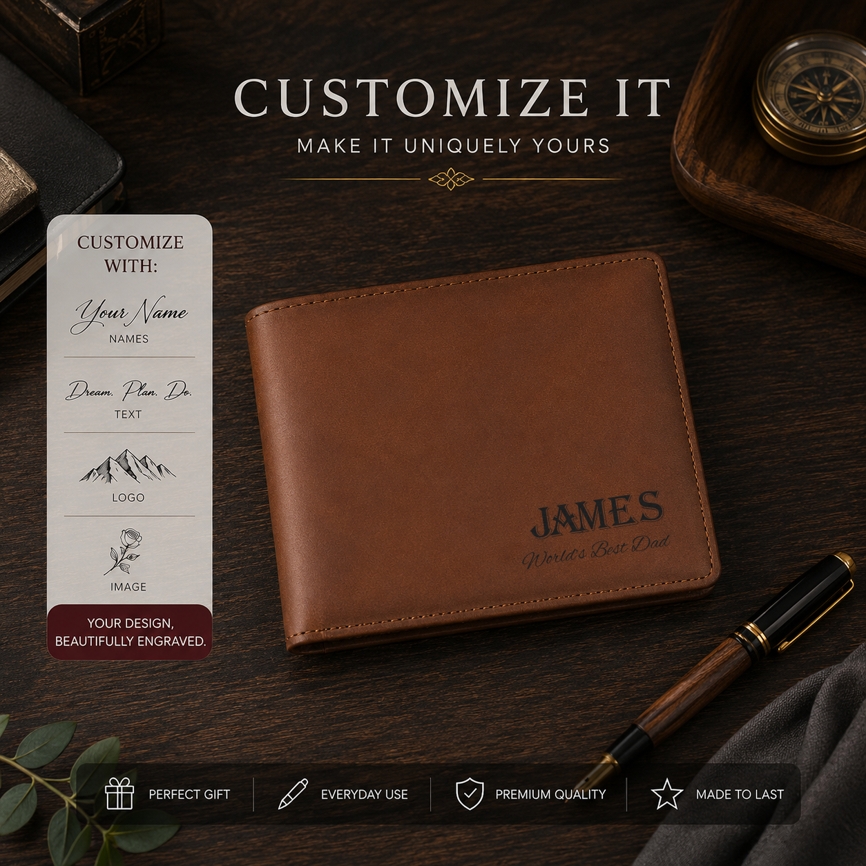 custom wallet personalized with laser engraving