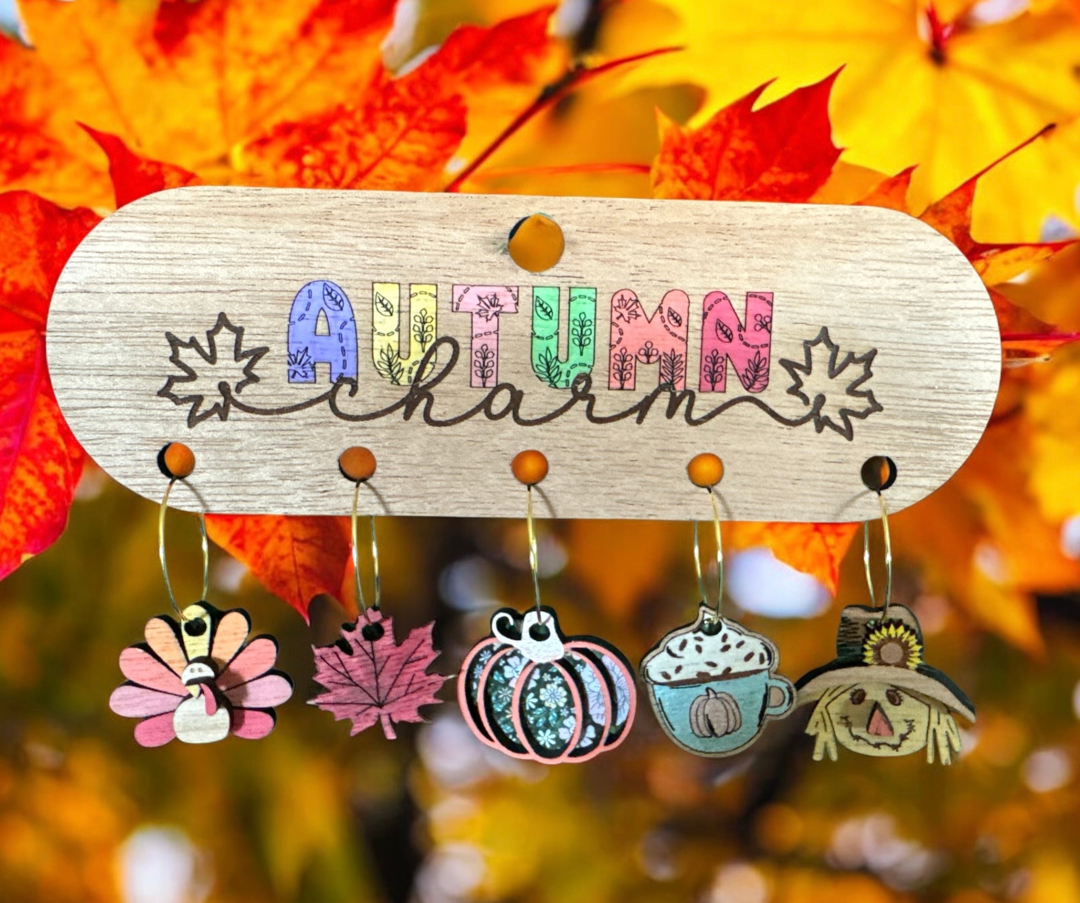 Autumn-Inspired Wood Wine Glass Charm Set