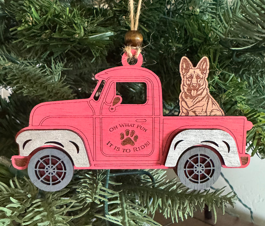 Dog in Red Truck Personalized Christmas Ornament | 52 Breed Options