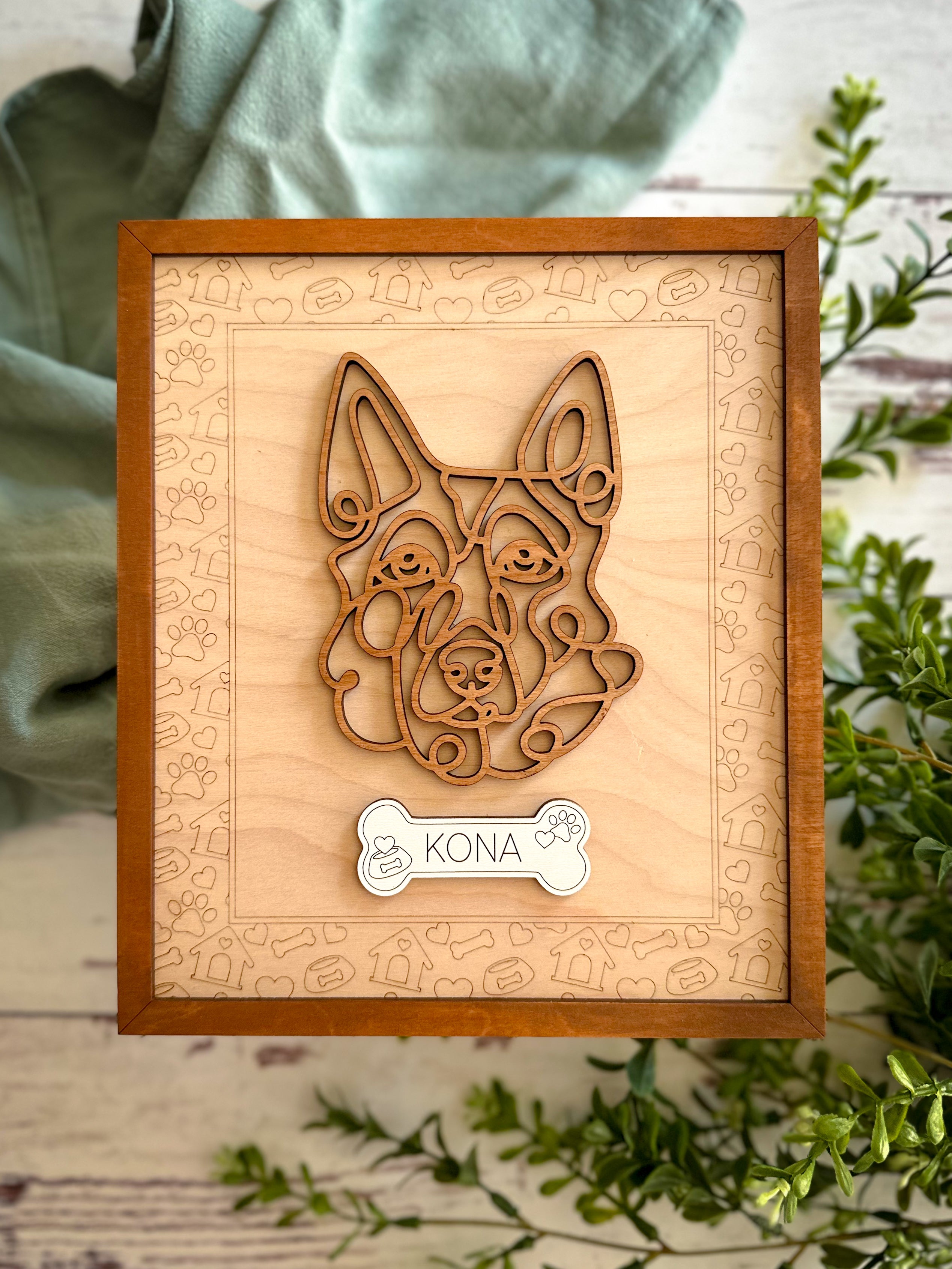Personalized Dog Portrait - Wood Line Art Decor - 96 Breeds with Optional Name Bone or Winged Paw