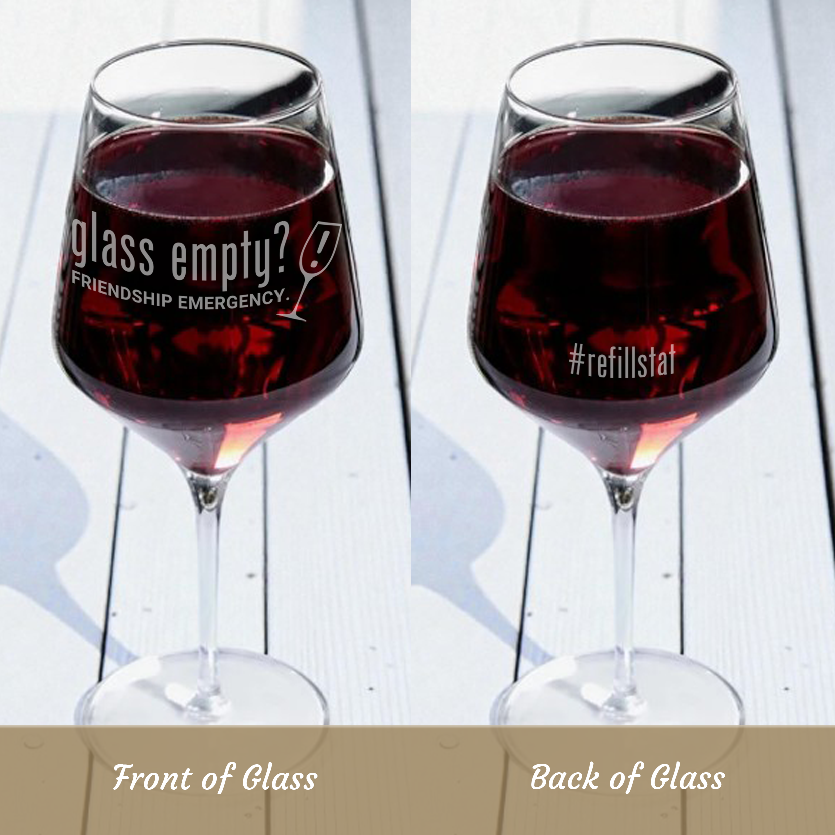 Two-Sided Snarky Wine Glass | “Glass Empty?” + “#refillstat”