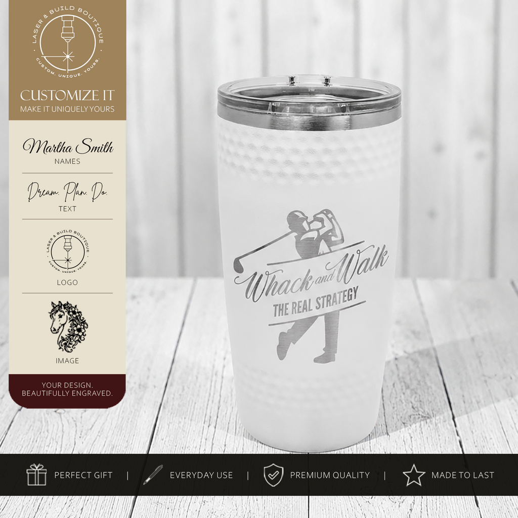 Dimpled Golf Ball Engraved Tumbler | 20oz Polar Camel Stainless Steel Cup with Golf Texture, Custom Laser Engraved Gift
