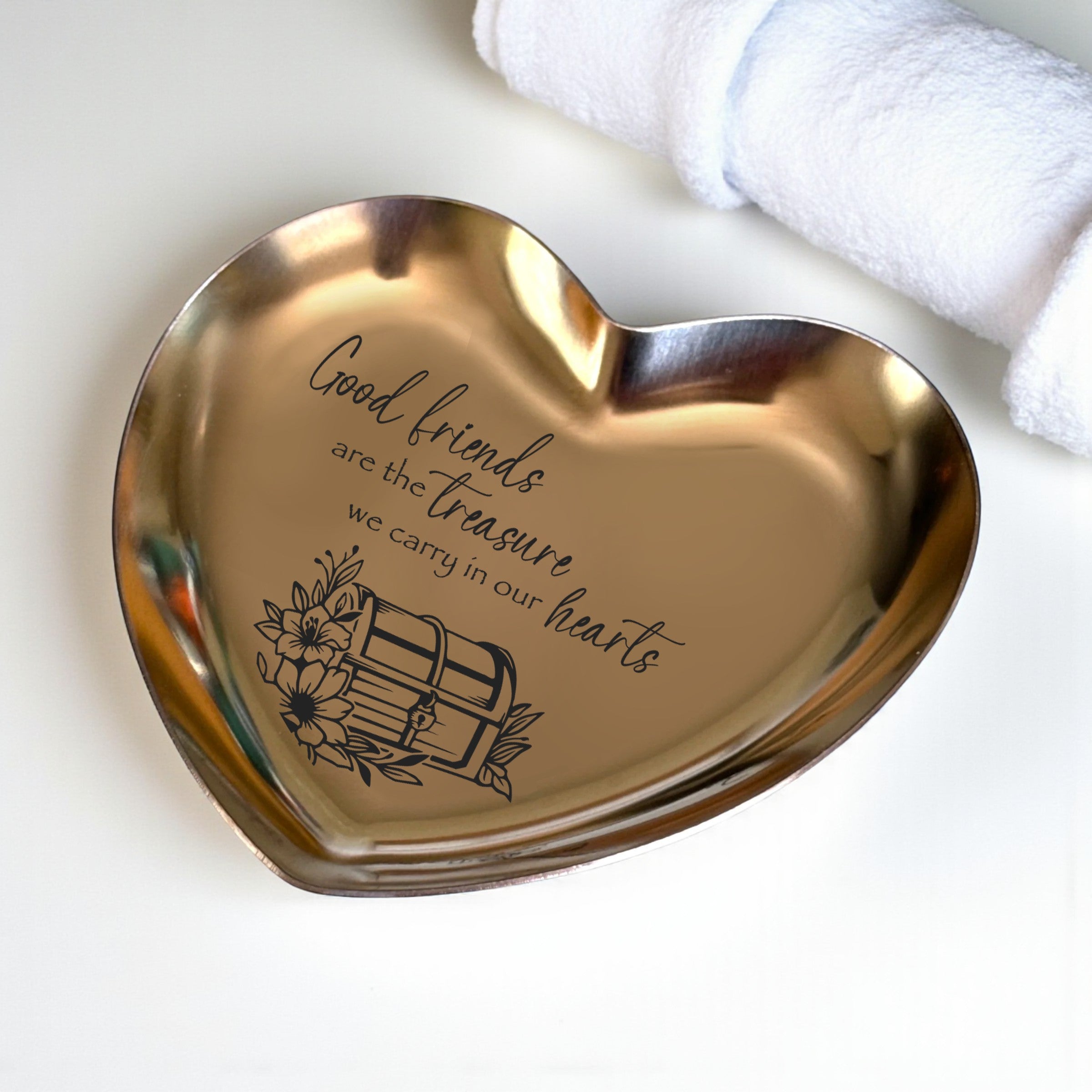Engraved Stainless Steel Heart Trinket Dish – Friendship Gift “Good Friends Are the Treasure”