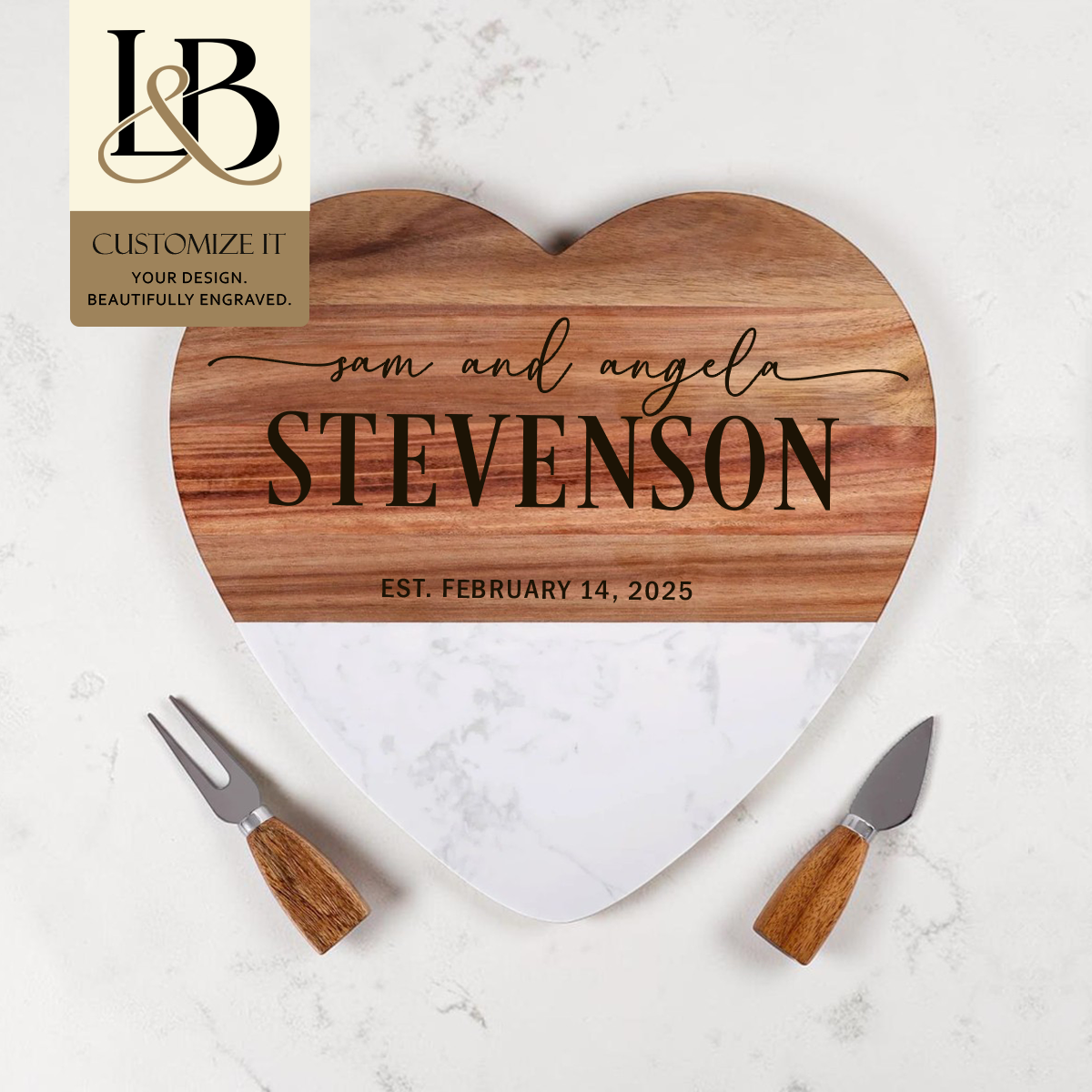 Personalized Charcuterie Board | Heart Marble & Acacia