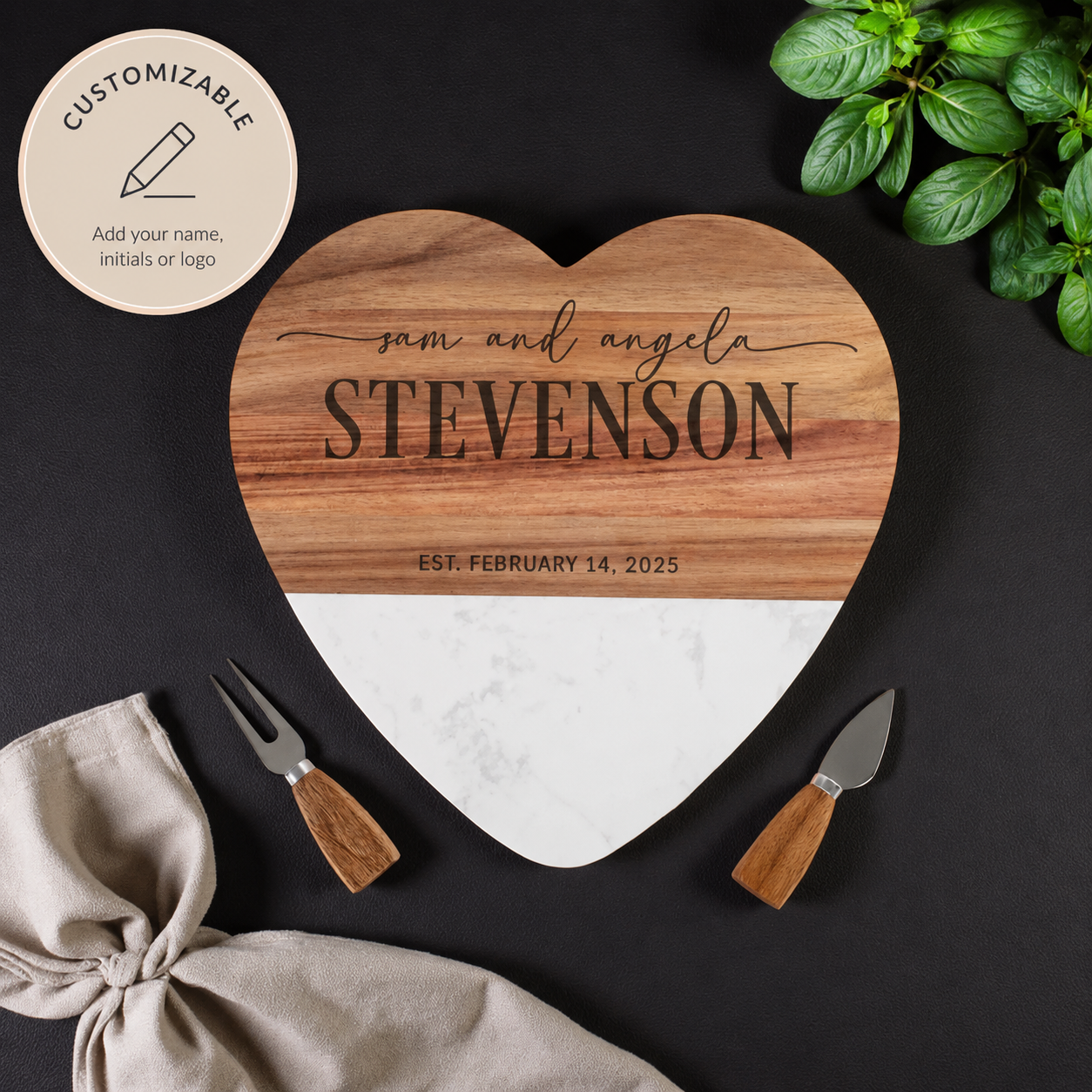 personalized charcuterie board heart shaped marble and acacia board