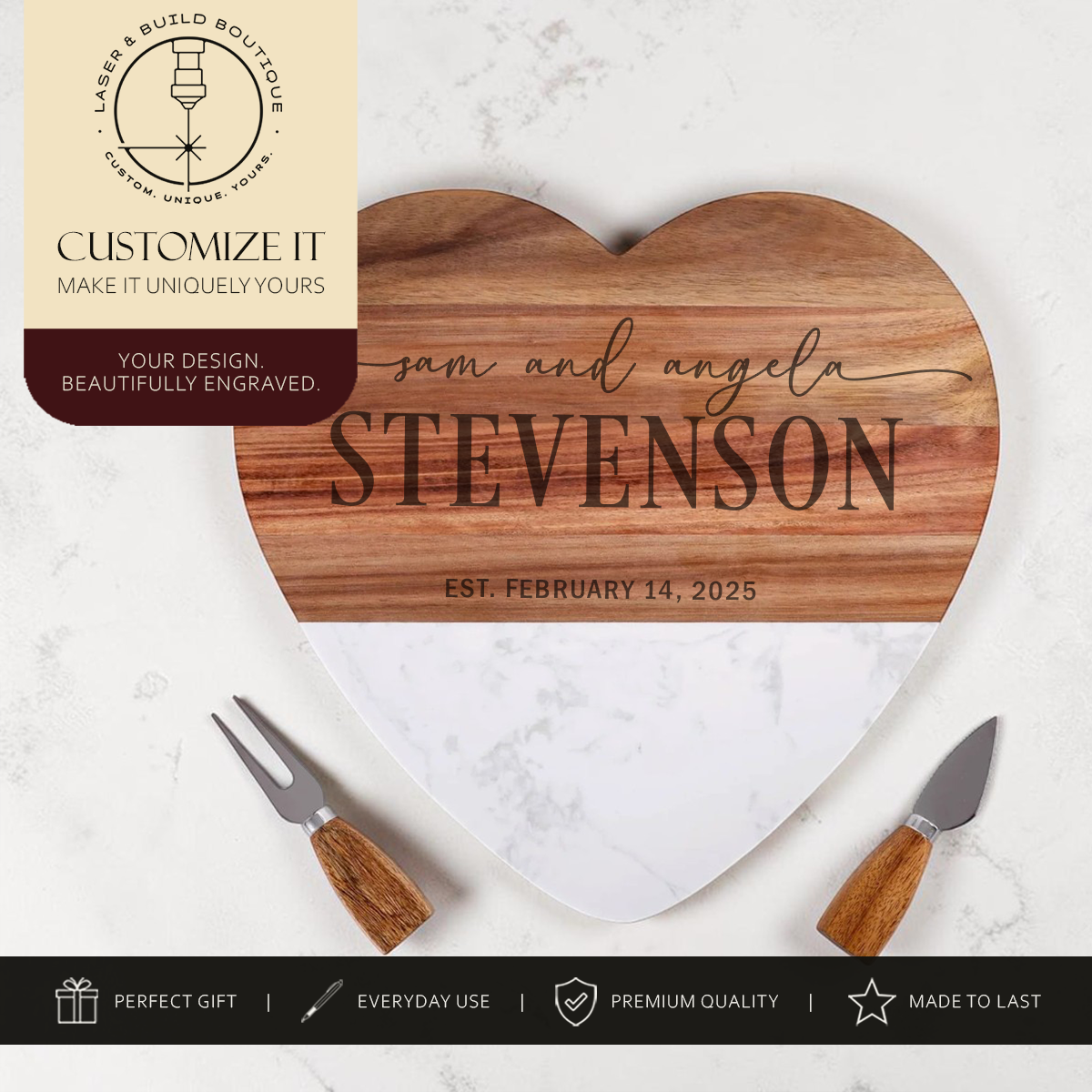 Personalized Charcuterie Board | Heart Marble & Acacia