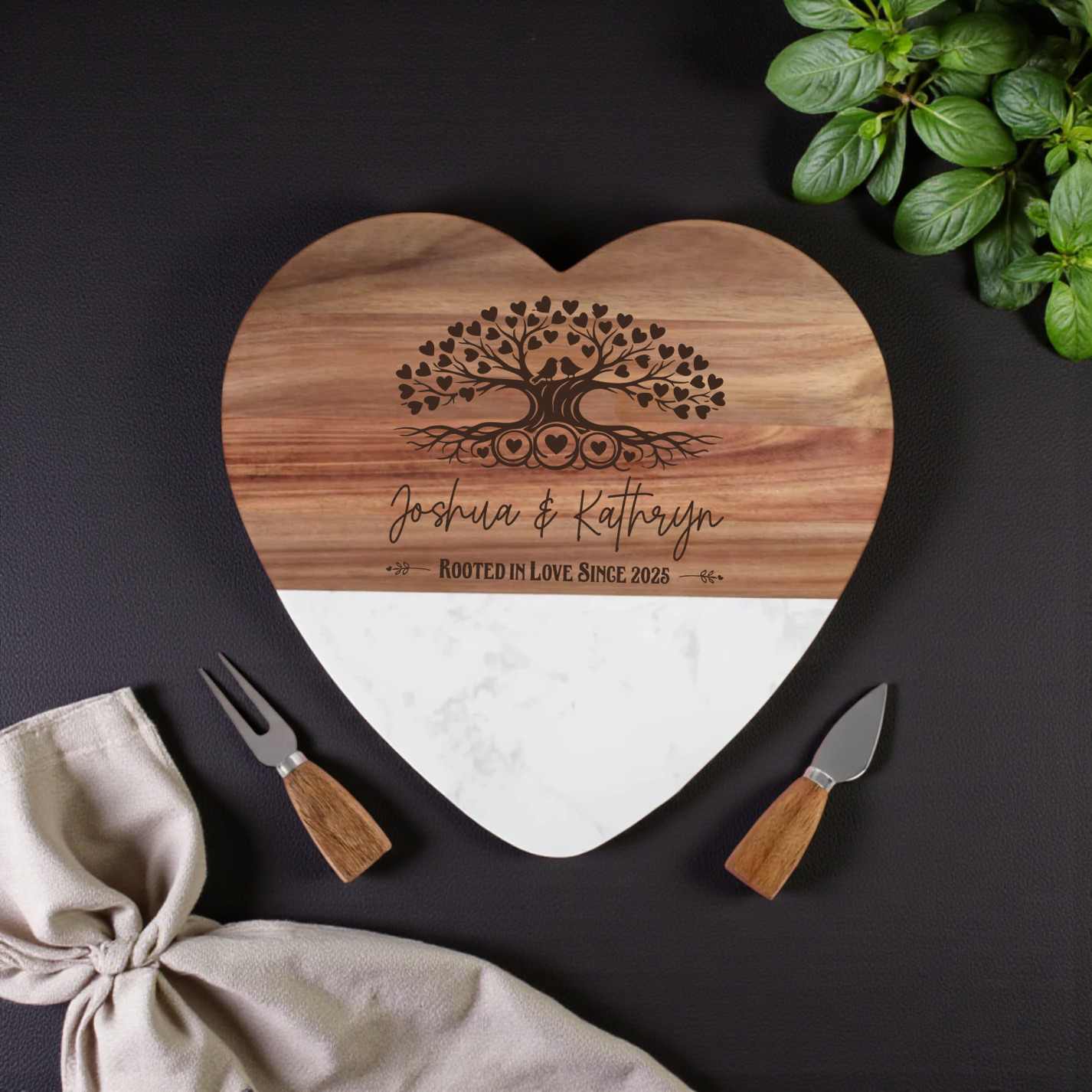 Limited Edition Heart-Shaped Marble & Acacia Serving Board Set