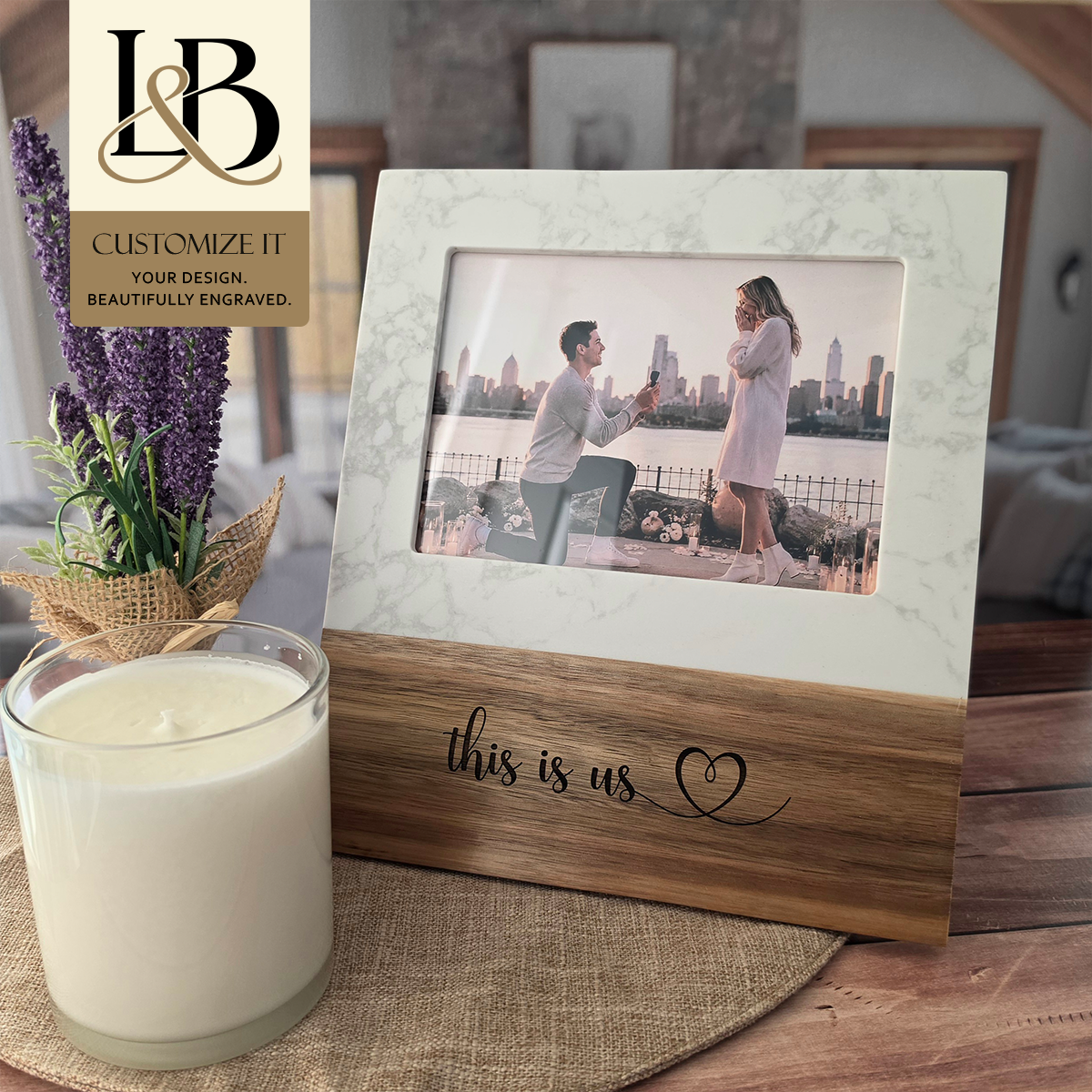 Personalized Marble & Acacia Wood Picture Frame | 5x7