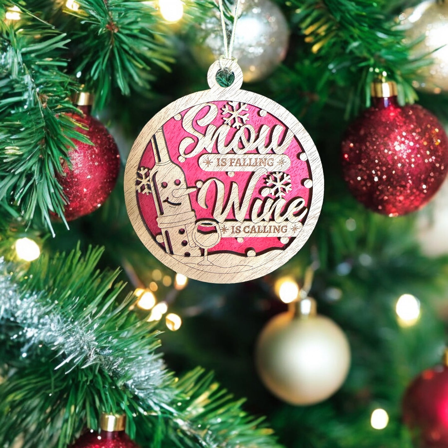 ‘Snow is Falling, Wine is Calling’ Handmade Ornament