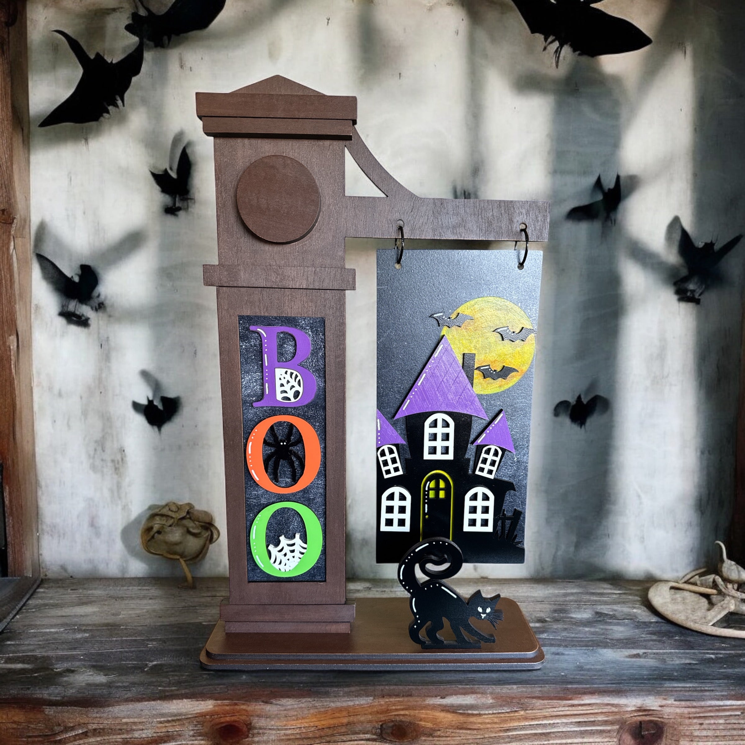 Halloween “Boo” and Haunted House Interchangeable Sign Set for Wooden Post