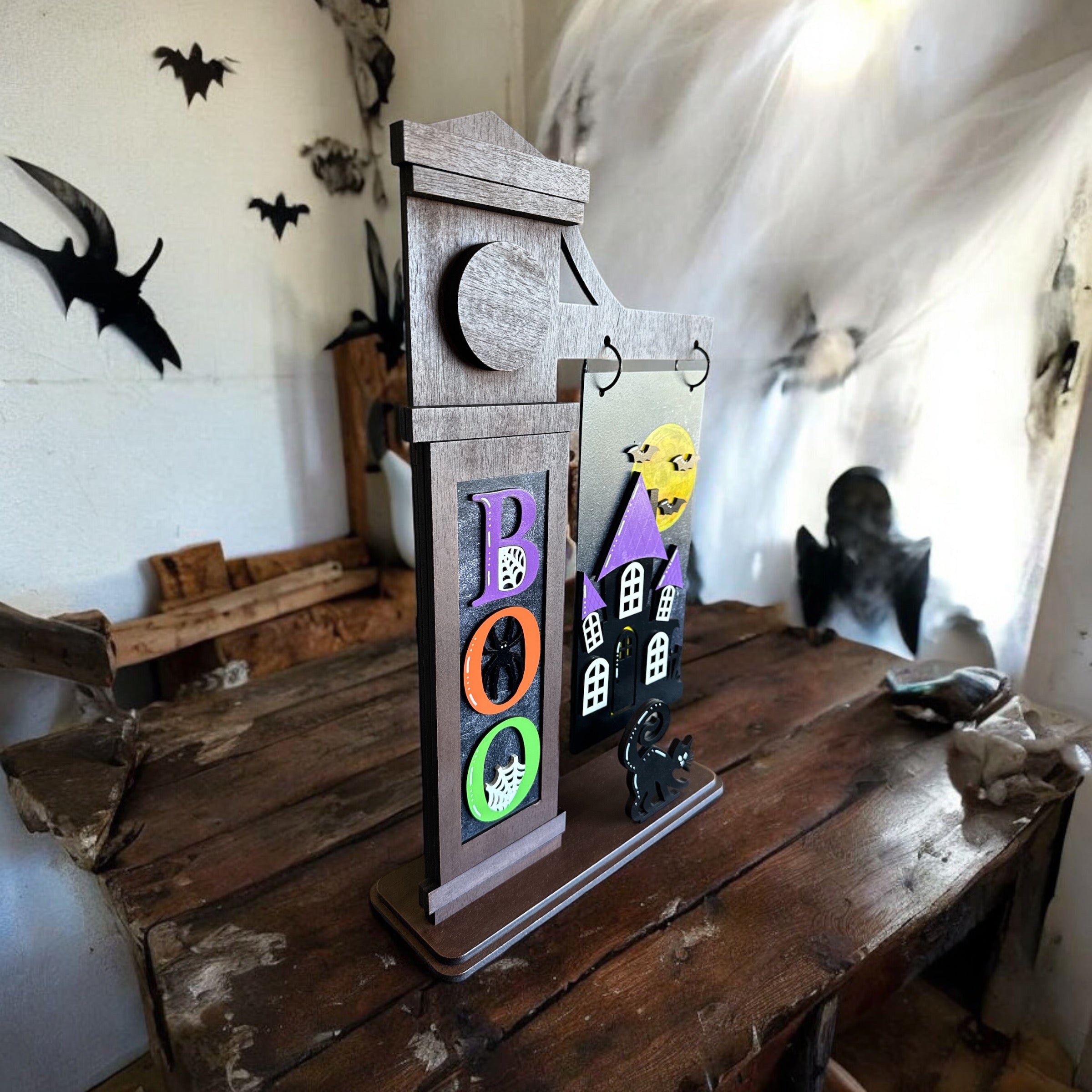 Halloween “Boo” and Haunted House Interchangeable Sign Set for Wooden Post