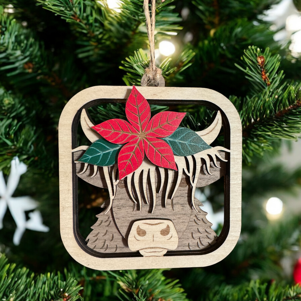 Highland Cow Christmas Ornament with Poinsettia |  Handmade Wooden Ornament