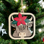 Highland Cow Christmas Ornament with Poinsettia |  Handmade Wooden Ornament