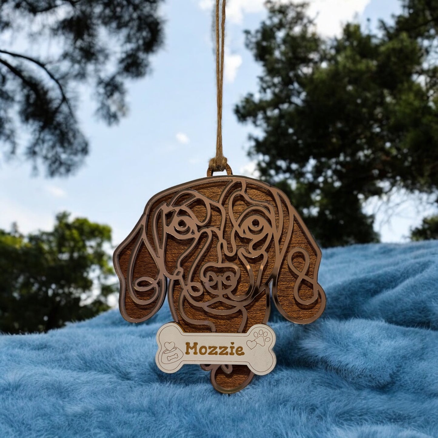 Custom Wood Line Art Dog Ornament – 96 Breeds with Optional Name Bone