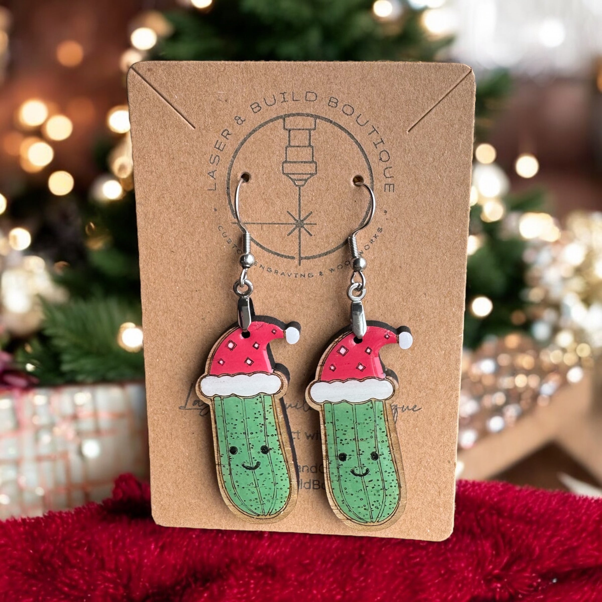 Pickle in Santa Hat Wooden Earrings with Resin Finish