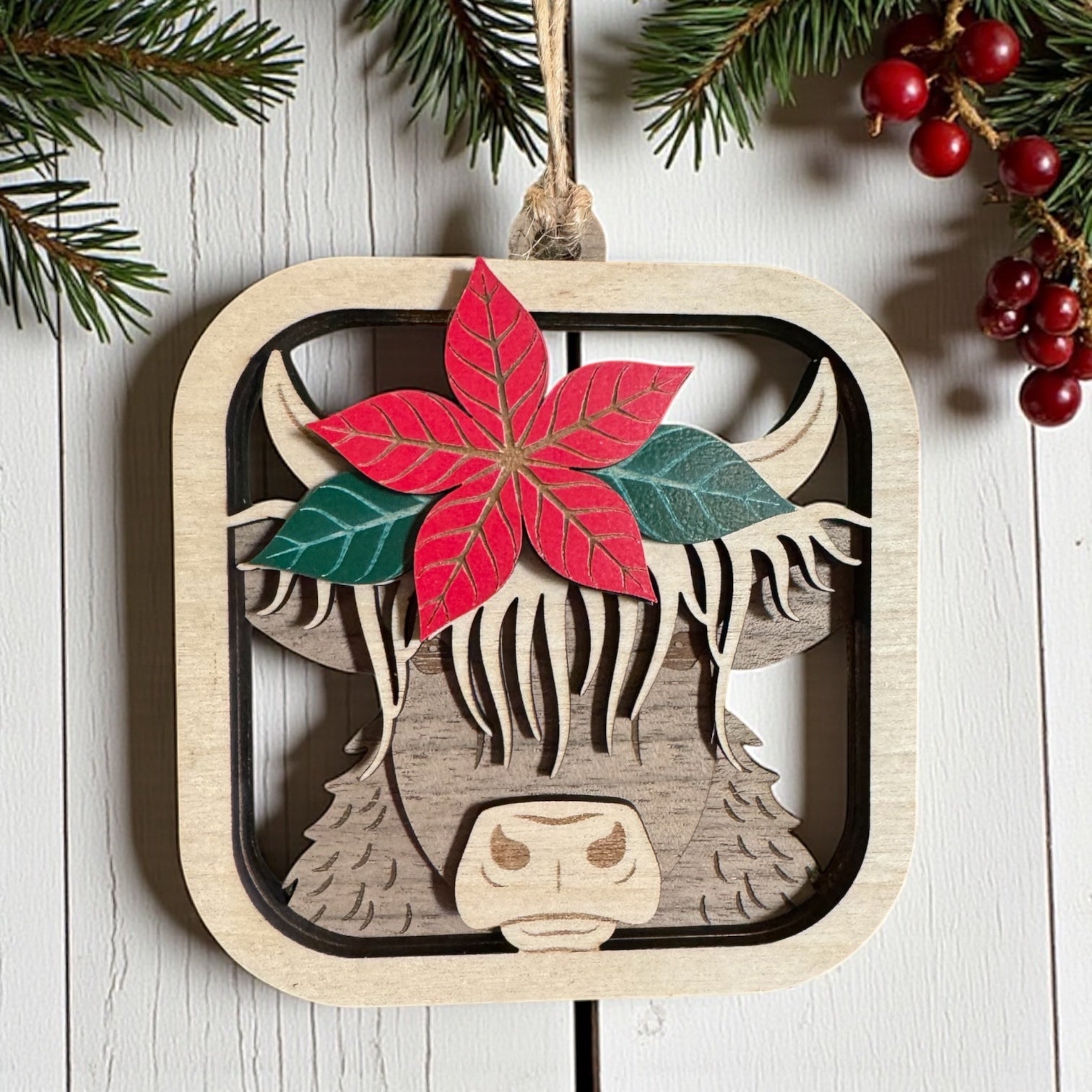 Highland Cow Christmas Ornament with Poinsettia |  Handmade Wooden Ornament