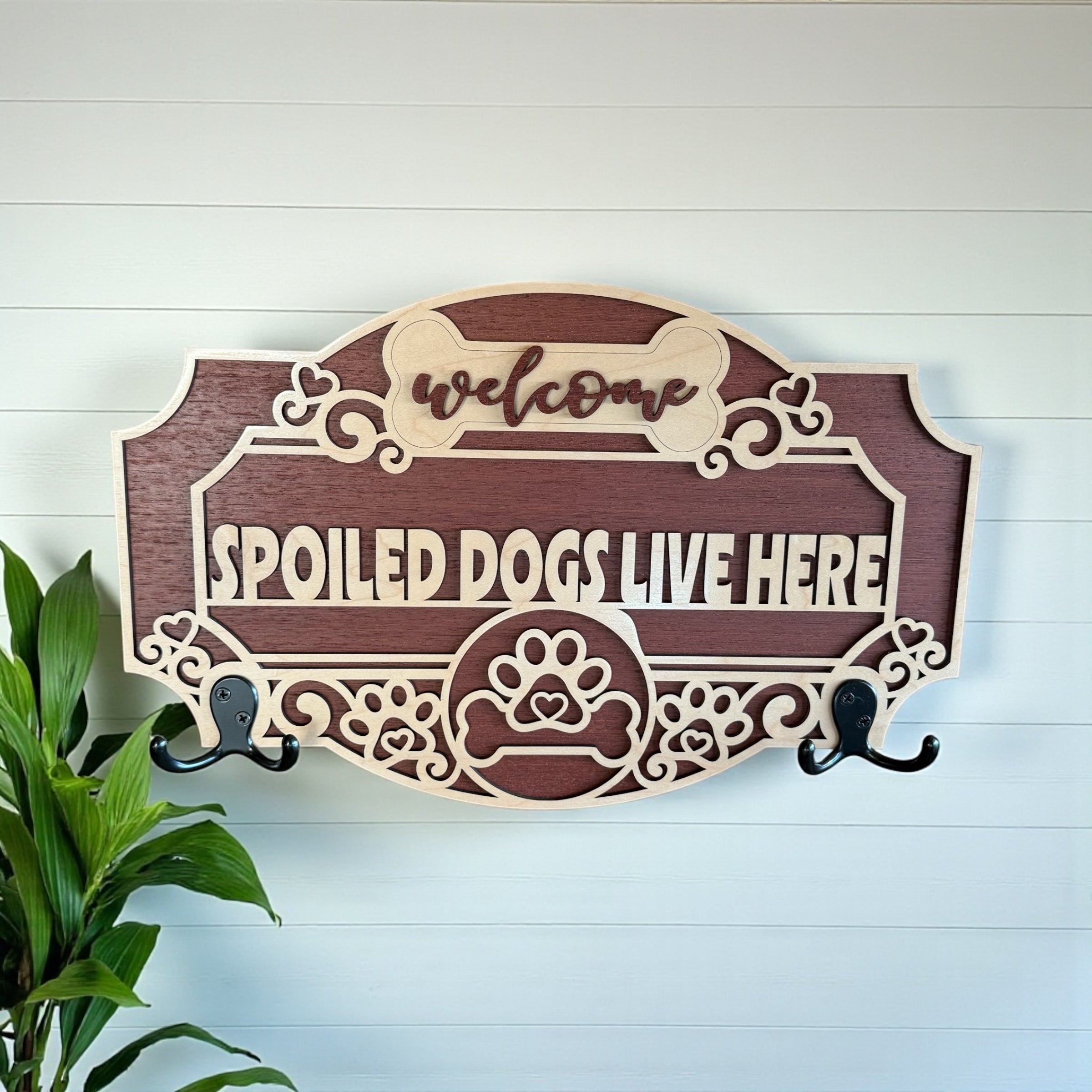 Personalized Dog Leash Holder Wall Sign | Custom Wood Pet Leash Holder