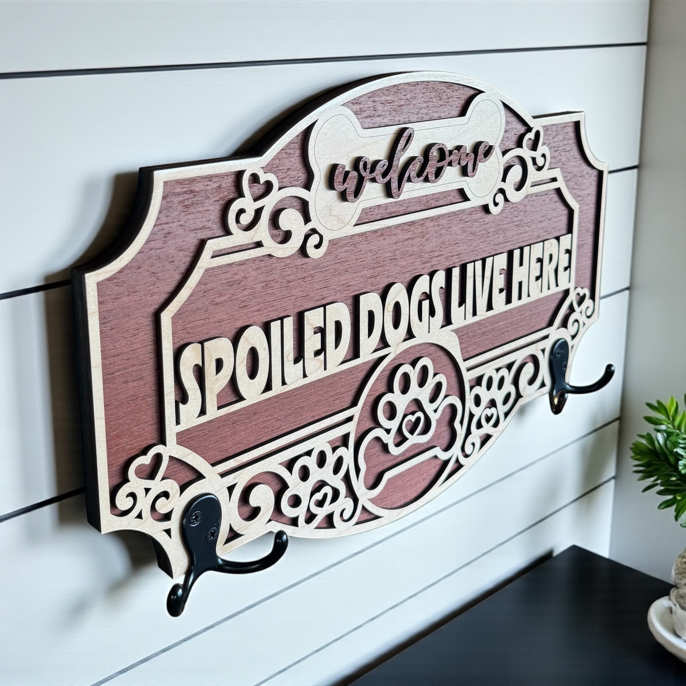 Personalized Dog Leash Holder Wall Sign | Custom Wood Pet Leash Holder