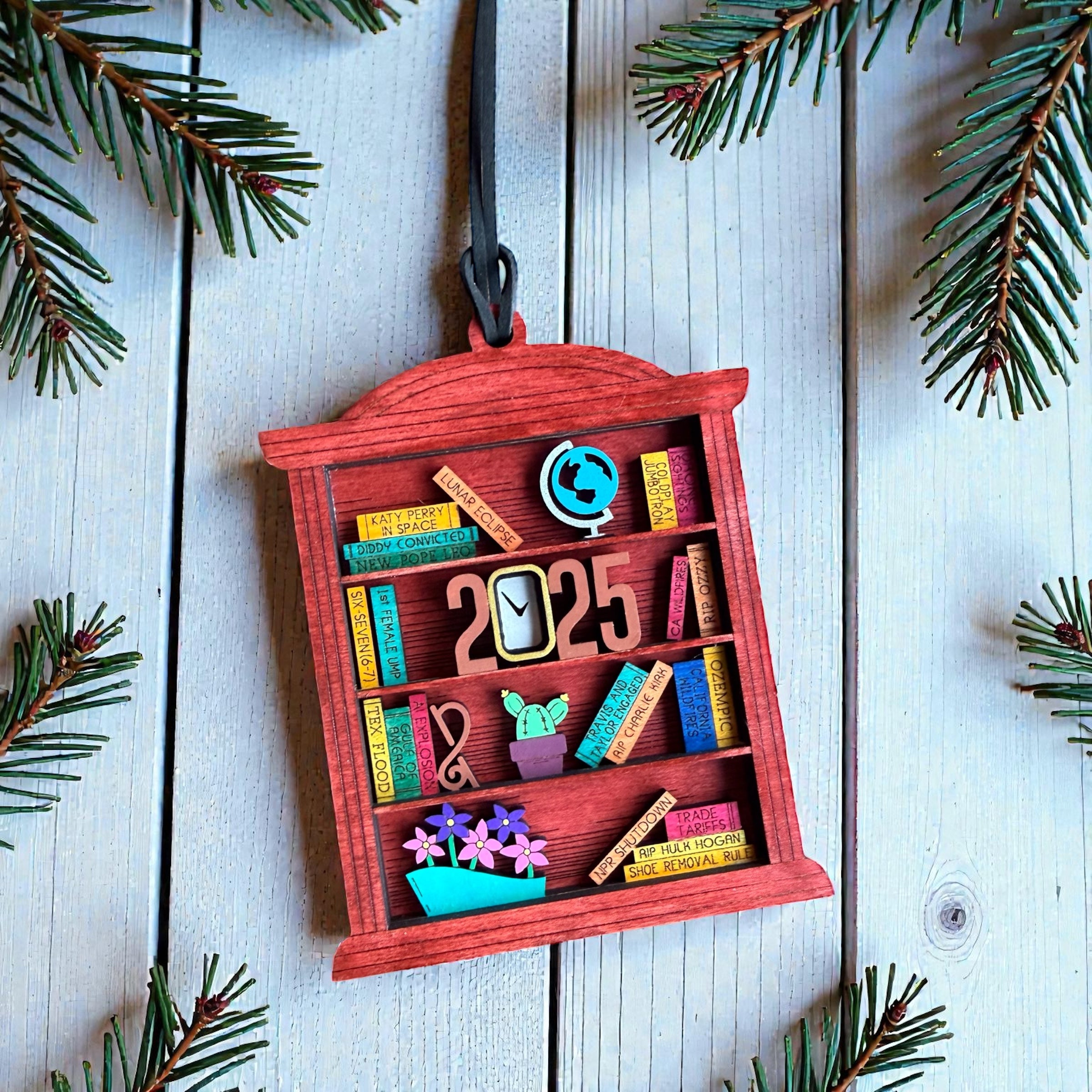 2025 Bookshelf Ornament – Layered Wood Year-in-Review Keepsake