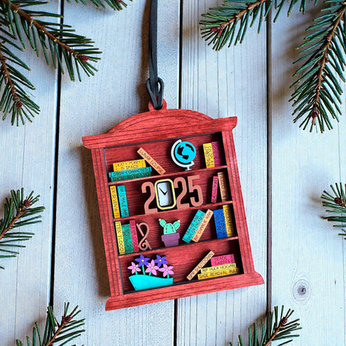 2025 Bookshelf Ornament – Layered Wood Year-in-Review Keepsake