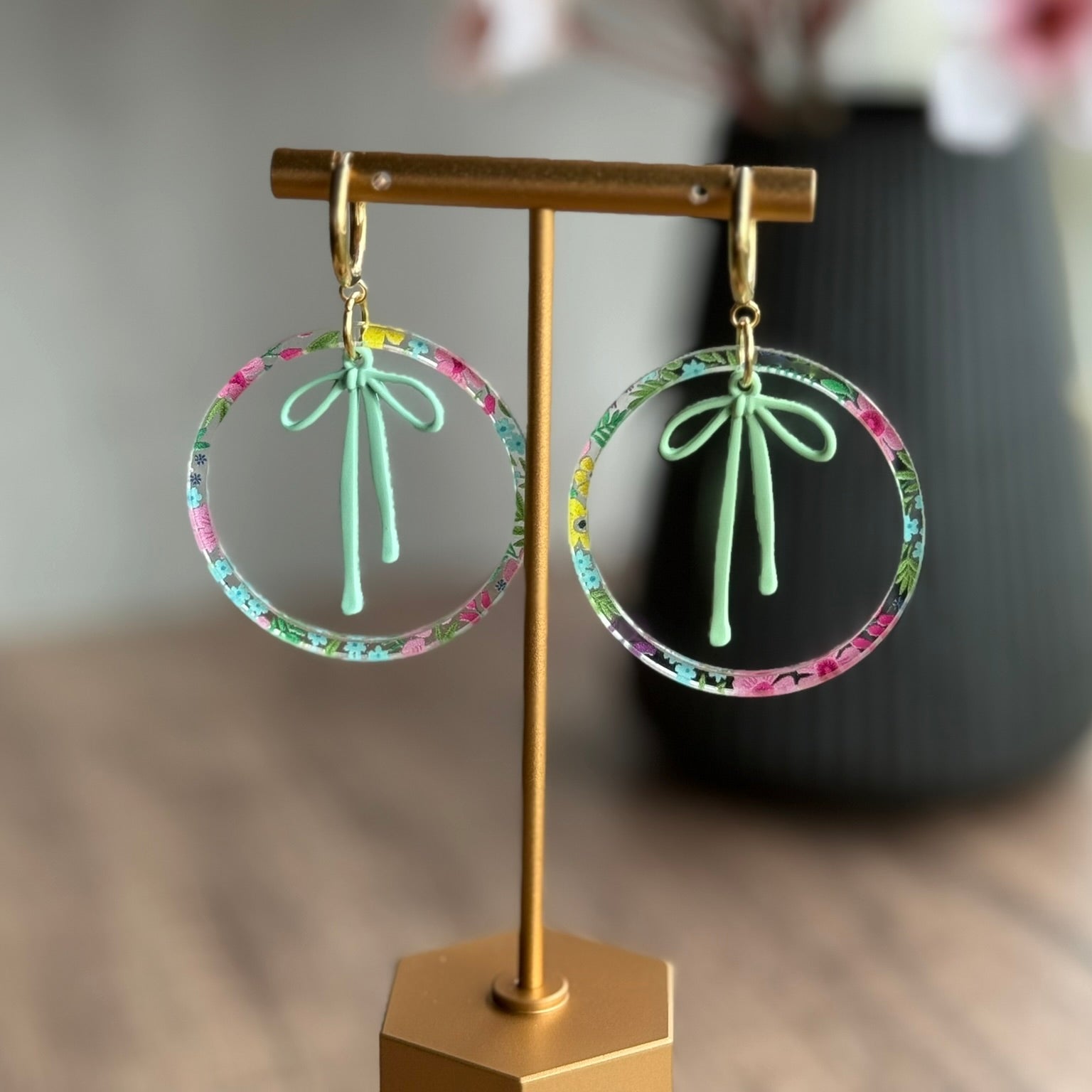 Acrylic Hoop Earrings with Draped Bow Charm