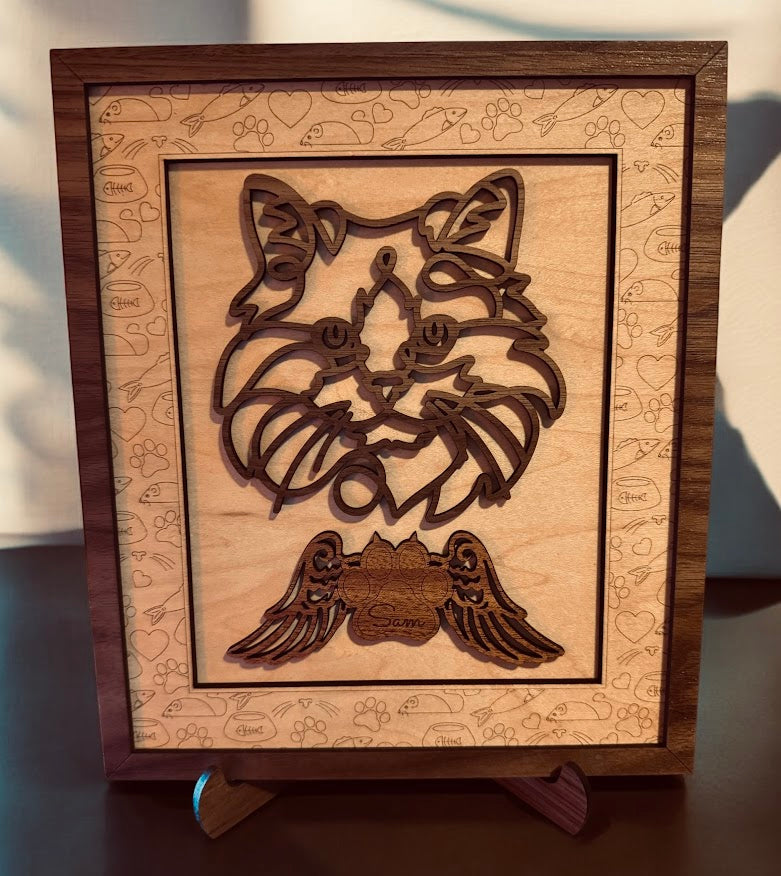 Personalized Cat Portrait - Wood Line Art Decor - 46 Breeds with Optional Name Fish or Winged Paw