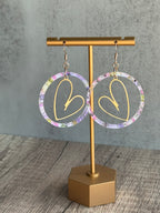 Floral Acrylic Hoop Earrings with Gold Heart Accent