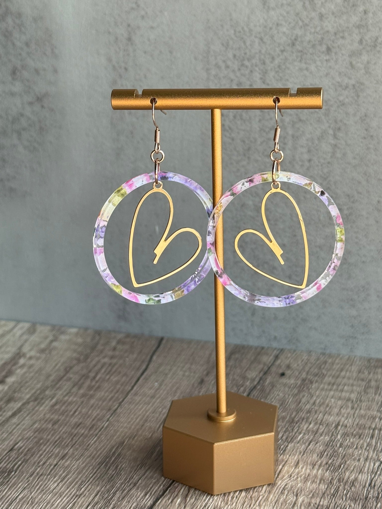 Floral Acrylic Hoop Earrings with Gold Heart Accent