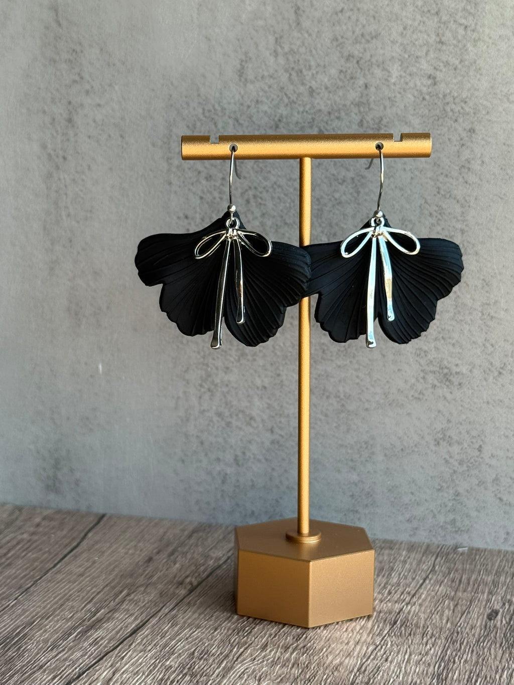 Ginkgo Leaf Acrylic Earrings with Silver Bow