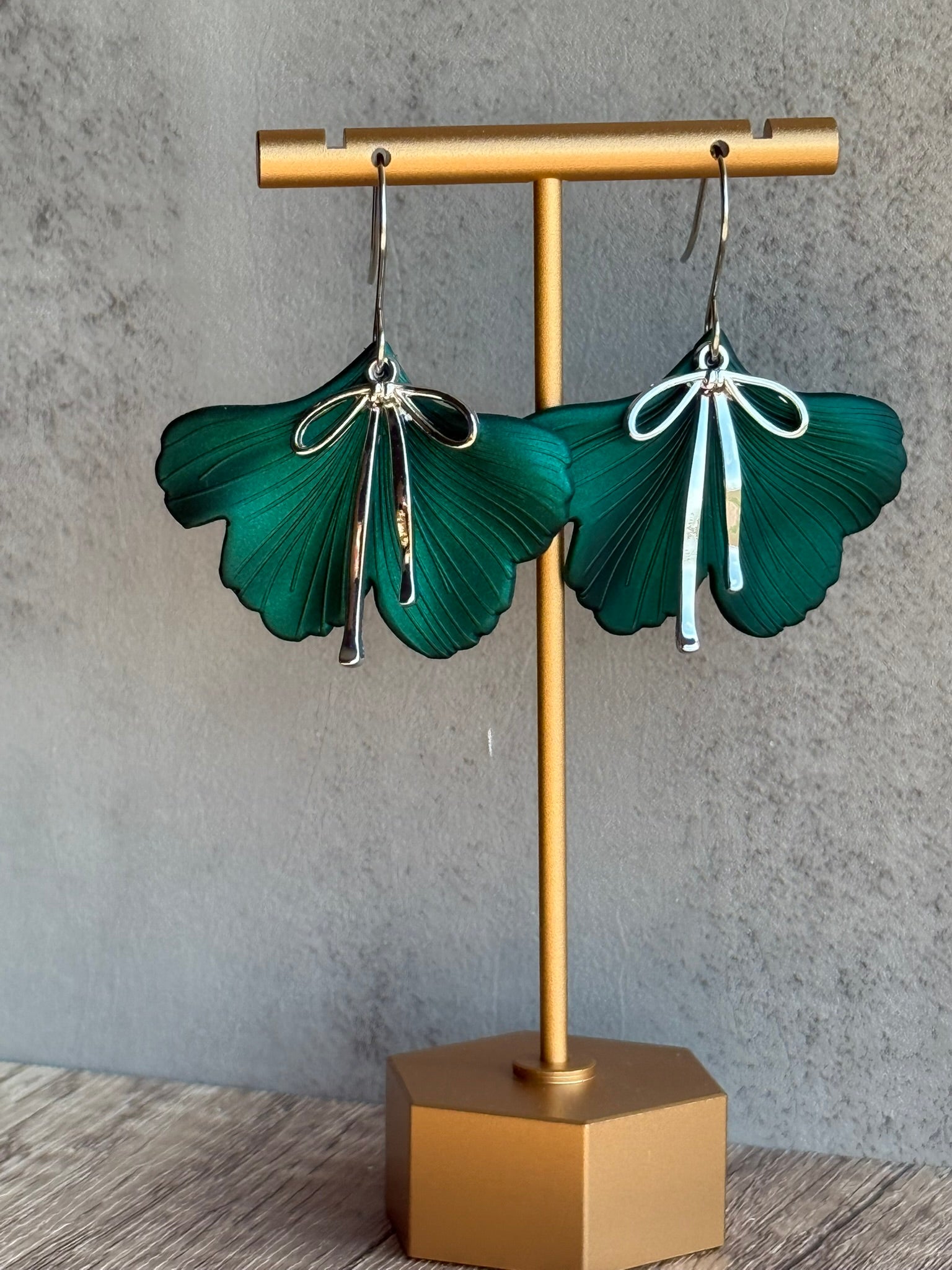 Ginkgo Leaf Acrylic Earrings with Silver Bow