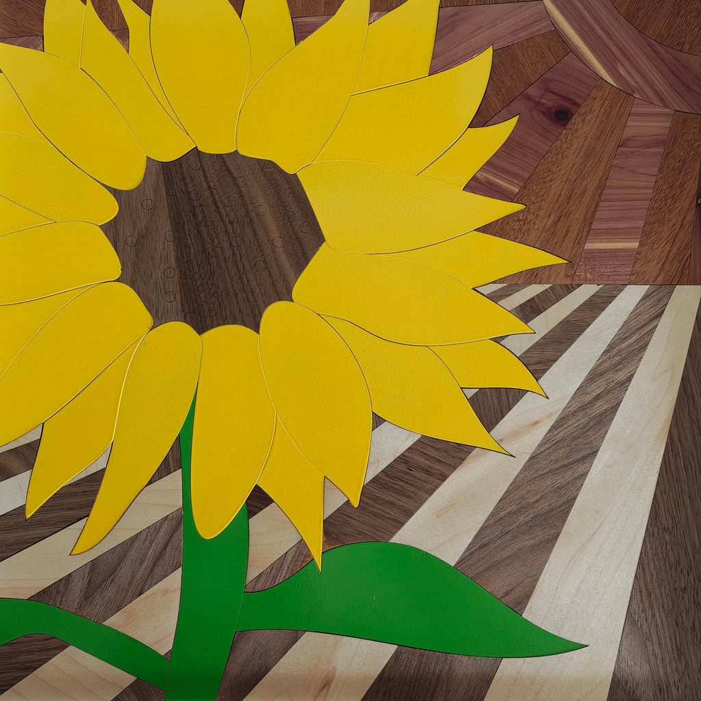 Sunflower Intarsia-Style Wood Art | One-of-a-Kind Framed Hardwood Piece