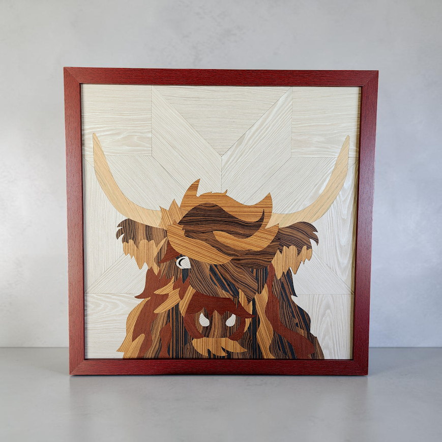 highland cow wall art handcrafted from natural hardwoods with mahogany frame