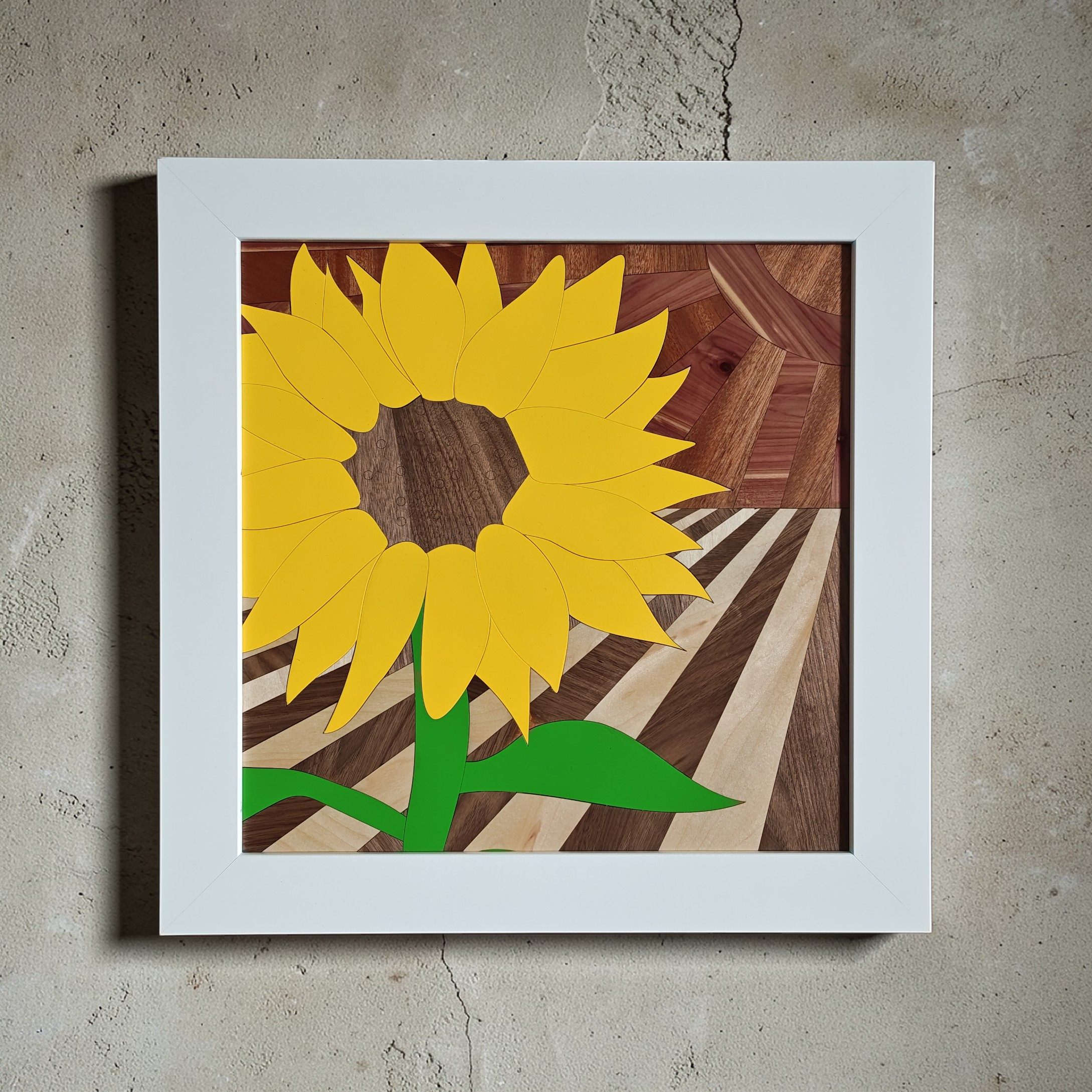 Sunflower Intarsia-Style Wood Art | One-of-a-Kind Framed Hardwood Piece